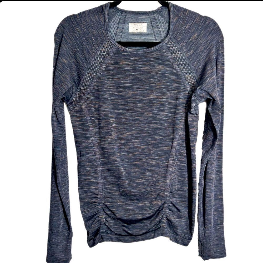ATHLETA Fastest Track Long Sleeve Ruched Top Heathered Gray Sz Large Thumbholes